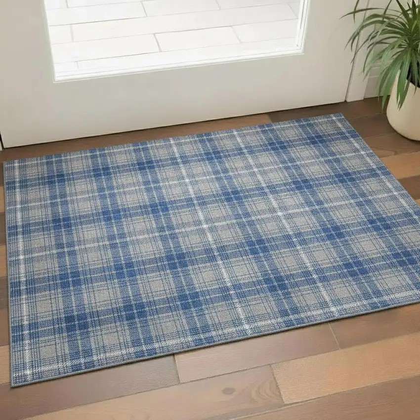 Gray Blue And Ivory Plaid Washable Area Rug With UV Protection Photo 2