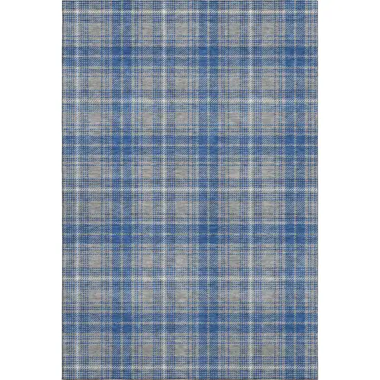 Gray Blue And Ivory Plaid Washable Area Rug With UV Protection Photo 1