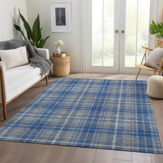 Gray Blue And Ivory Plaid Washable Area Rug With UV Protection Photo 5