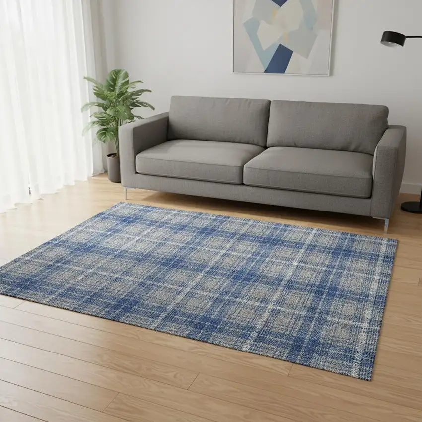Gray Blue And Ivory Plaid Washable Area Rug With UV Protection Photo 2