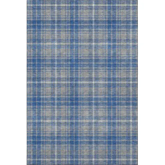 Gray Blue And Ivory Plaid Washable Area Rug With UV Protection Photo 3