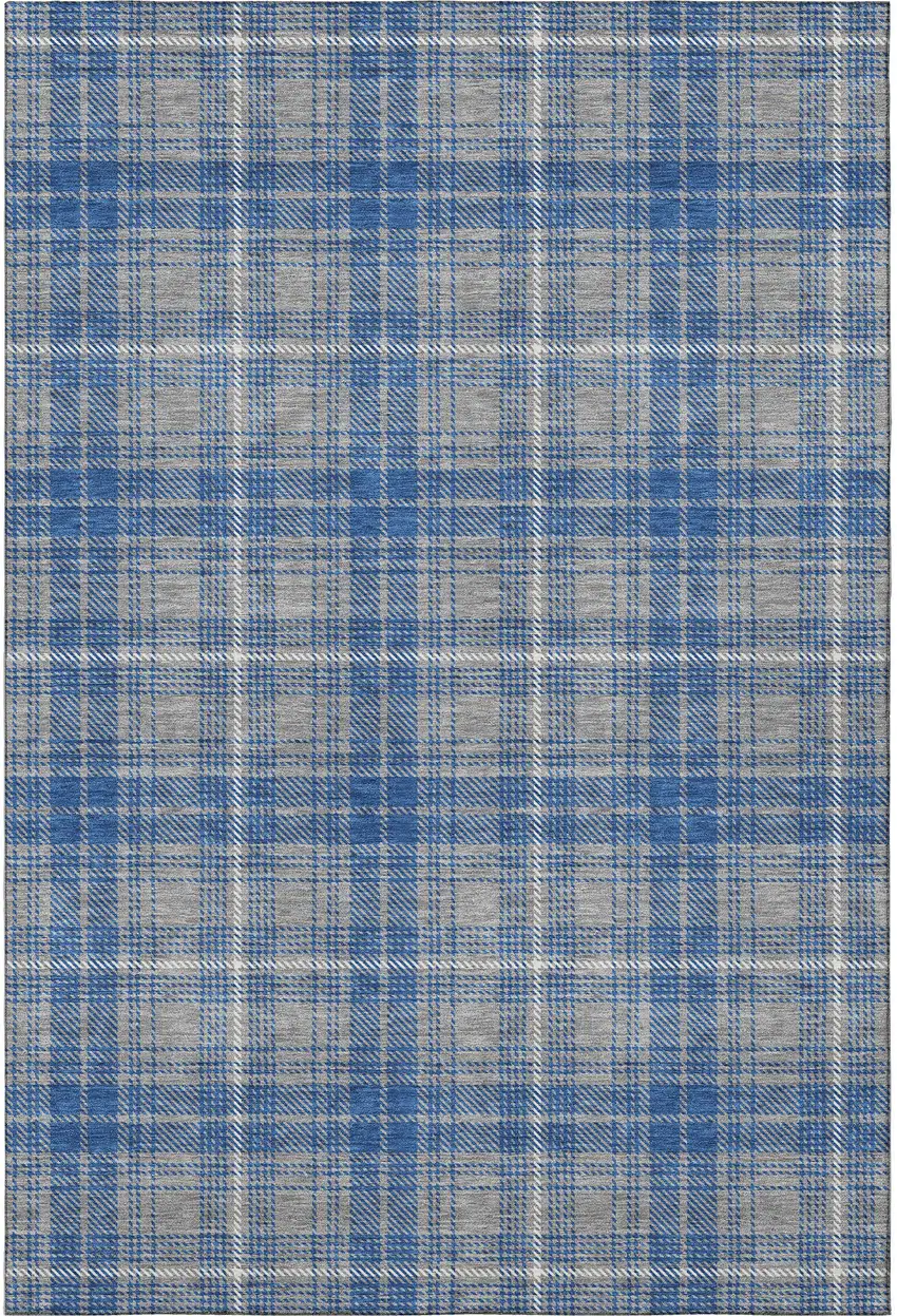 Gray Blue And Ivory Plaid Washable Area Rug With UV Protection Photo 3