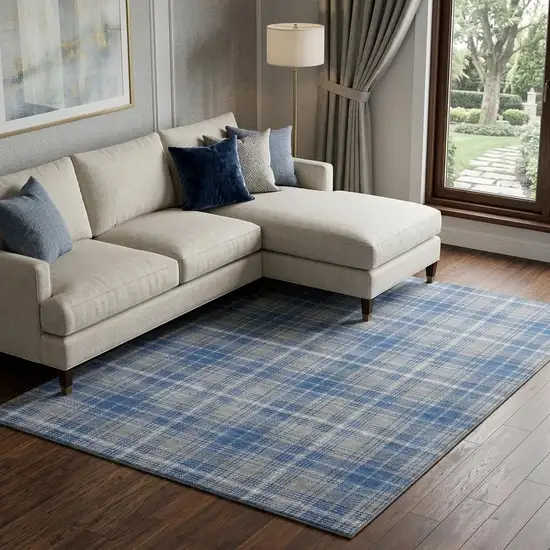 Gray Blue And Ivory Plaid Washable Area Rug With UV Protection Photo 1