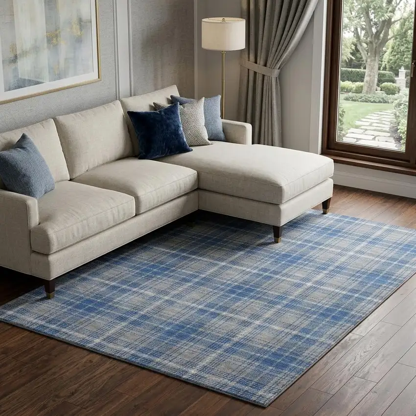 Gray Blue And Ivory Plaid Washable Area Rug With UV Protection Photo 1