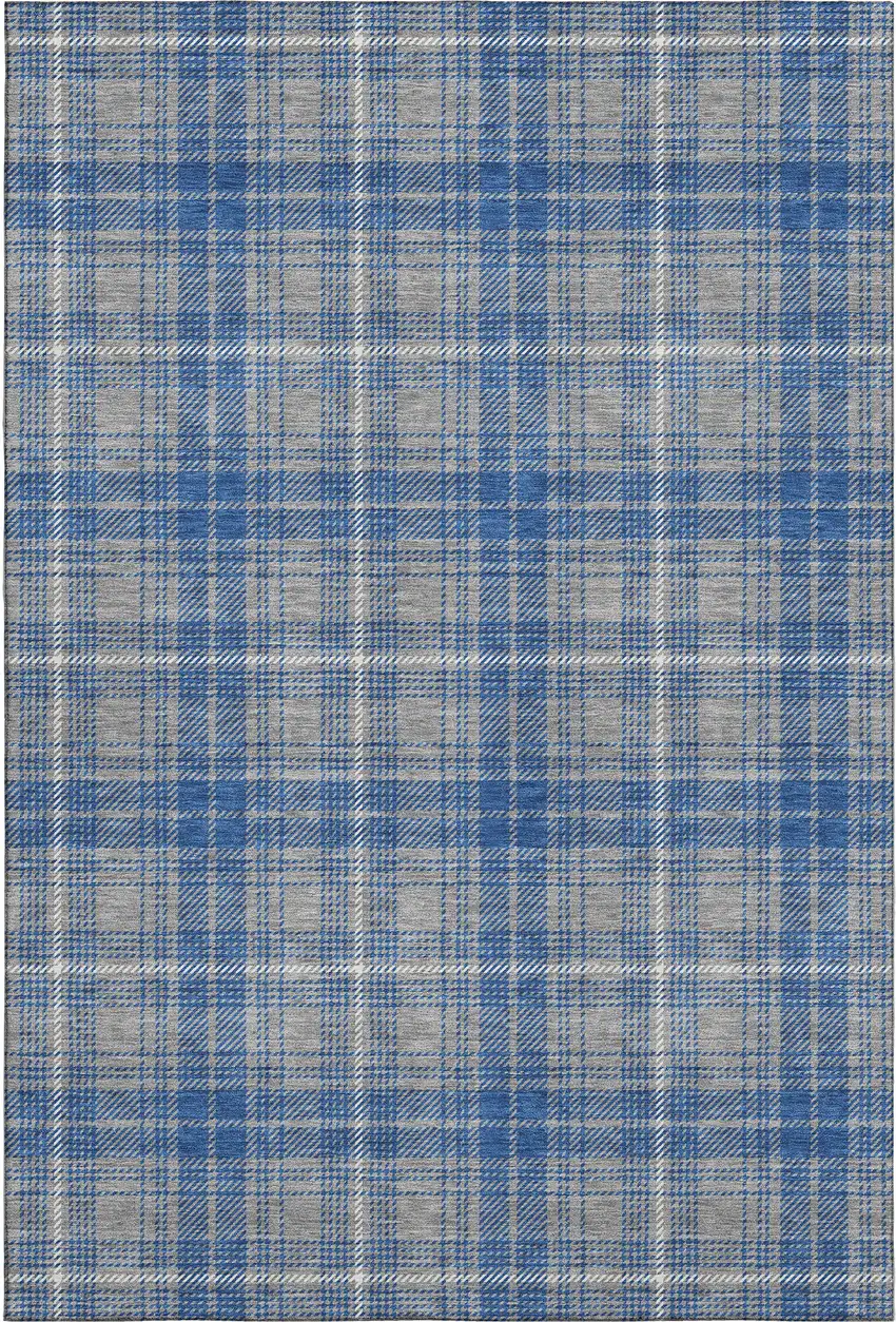 Gray Blue And Ivory Plaid Washable Area Rug With UV Protection Photo 1