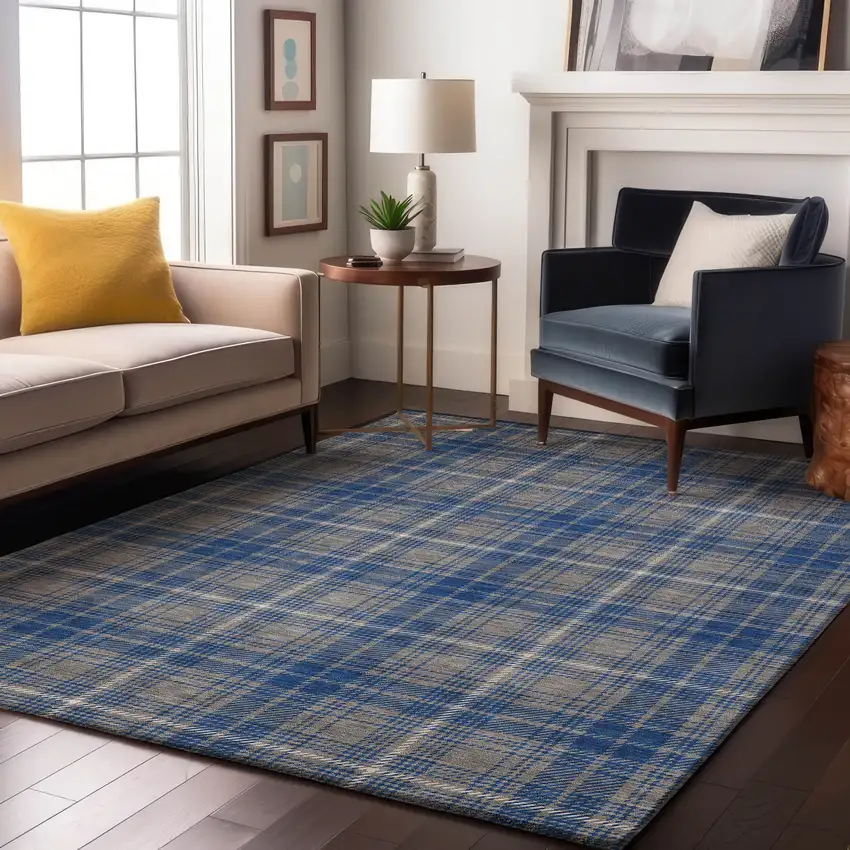 Gray Blue And Ivory Plaid Washable Area Rug With UV Protection Photo 4