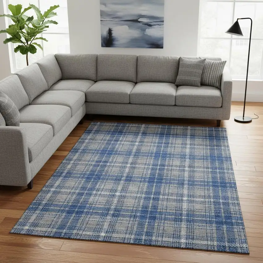 Gray Blue And Ivory Plaid Washable Area Rug With UV Protection Photo 2