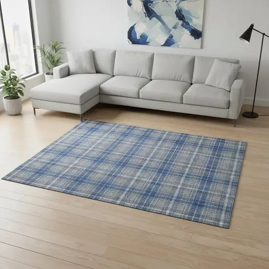 Gray Blue And Ivory Plaid Washable Area Rug With UV Protection Photo 2