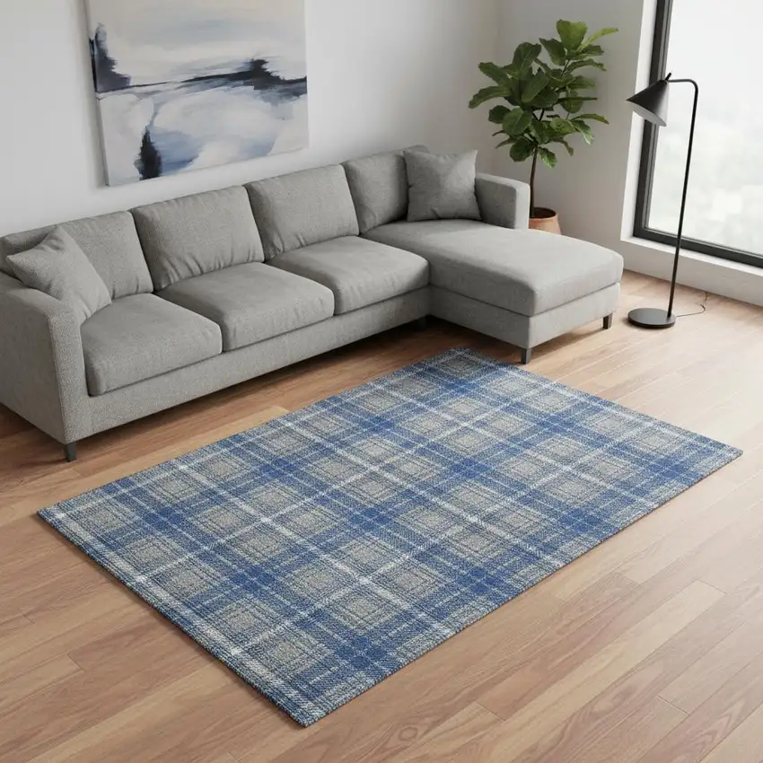 Gray Blue And Ivory Plaid Washable Area Rug With UV Protection Photo 2