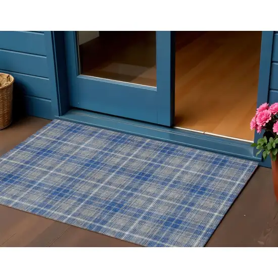 Gray Blue And Ivory Plaid Washable Indoor Outdoor Area Rug Photo 1