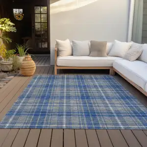 Photo of Gray Blue And Ivory Plaid Washable Indoor Outdoor Area Rug