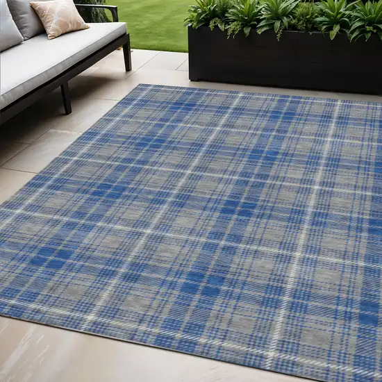 Gray Blue And Ivory Plaid Washable Indoor Outdoor Area Rug Photo 1