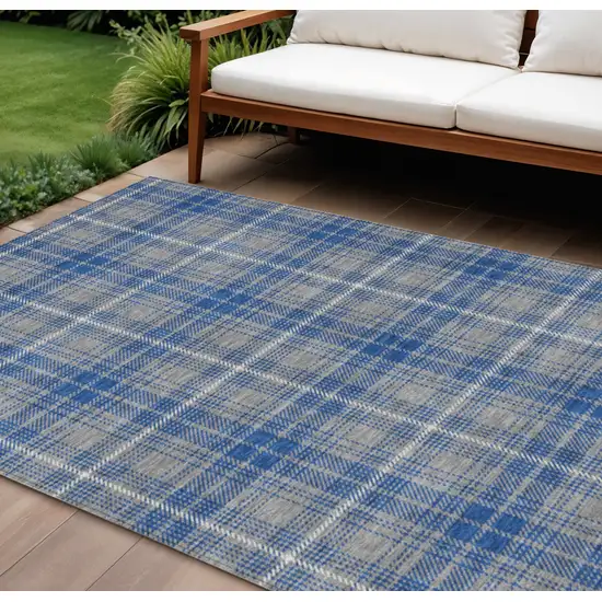 Gray Blue And Ivory Plaid Washable Indoor Outdoor Area Rug Photo 1
