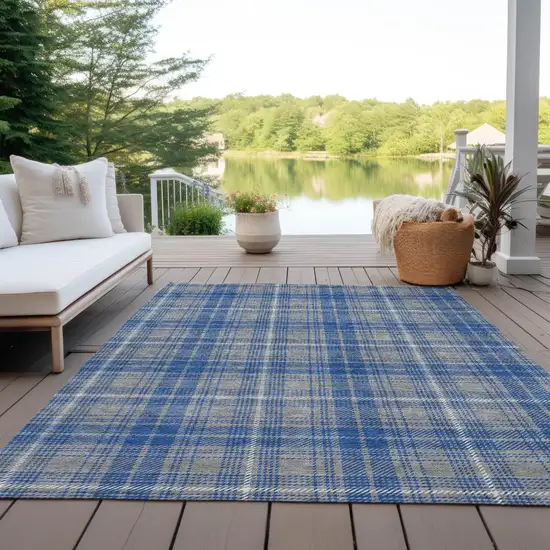 Gray Blue And Ivory Plaid Washable Indoor Outdoor Area Rug Photo 9