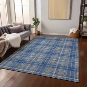 Photo of Gray Blue And Ivory Plaid Washable Indoor Outdoor Area Rug