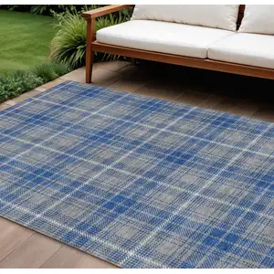 Photo of Gray Blue And Ivory Plaid Washable Indoor Outdoor Area Rug