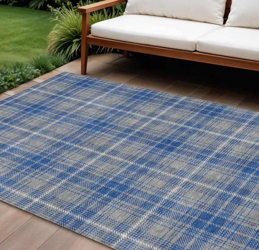 Gray Blue And Ivory Plaid Washable Indoor Outdoor Area Rug Photo 1