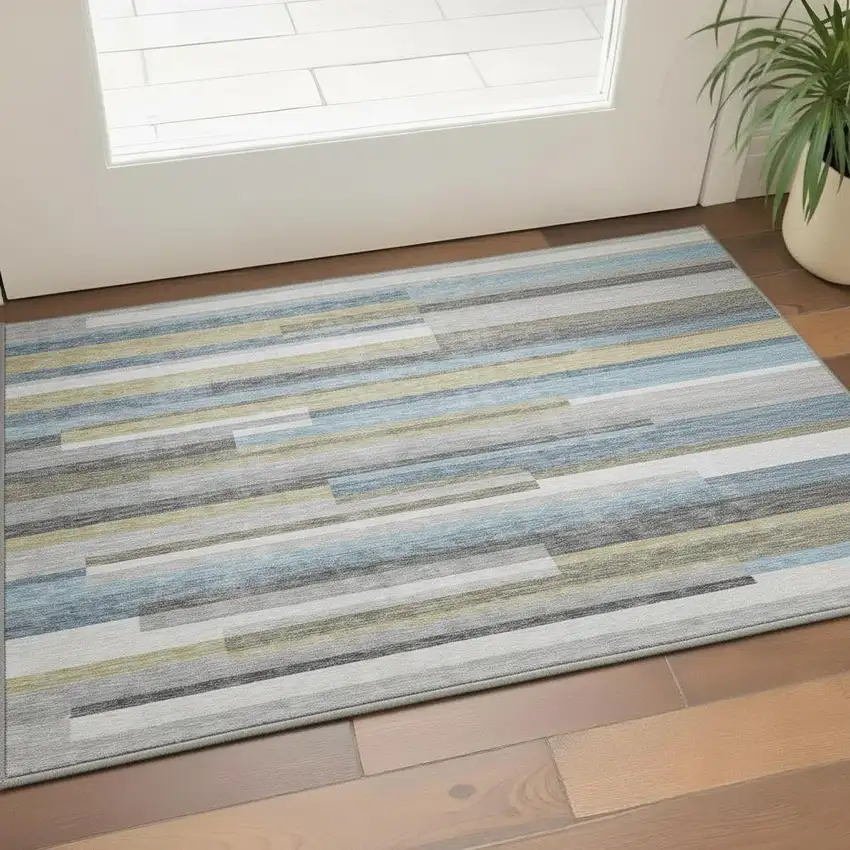 Gray Blue And Ivory Striped Washable Area Rug With UV Protection Photo 2