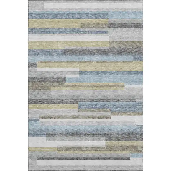 Gray Blue And Ivory Striped Washable Area Rug With UV Protection Photo 1