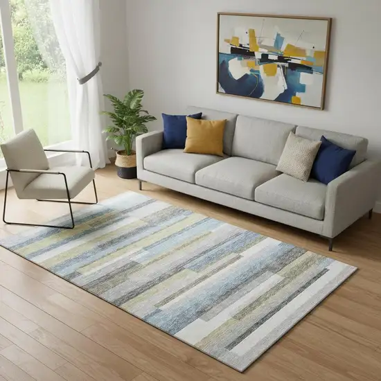 Gray Blue And Ivory Striped Washable Area Rug With UV Protection Photo 1