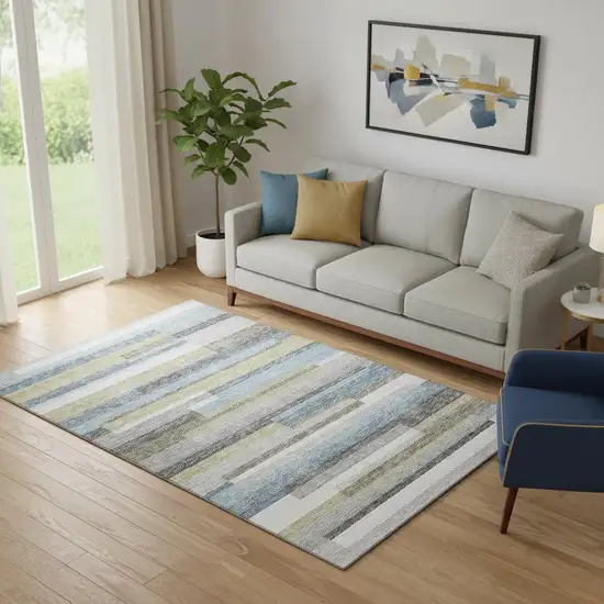 Gray Blue And Ivory Striped Washable Area Rug With UV Protection Photo 3