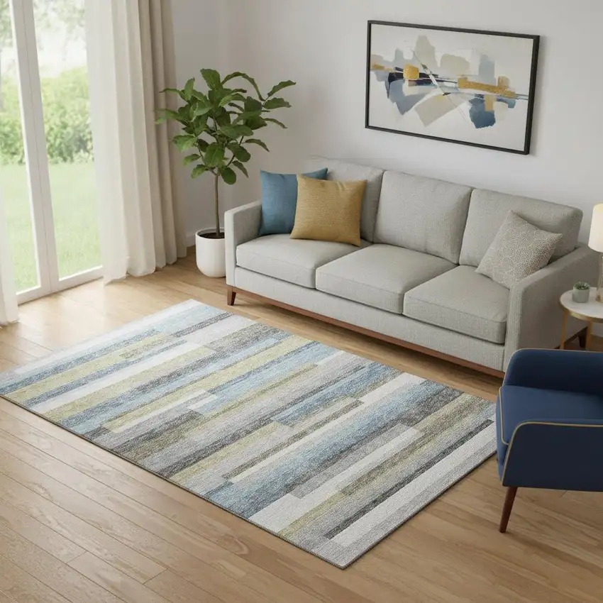 Gray Blue And Ivory Striped Washable Area Rug With UV Protection Photo 3