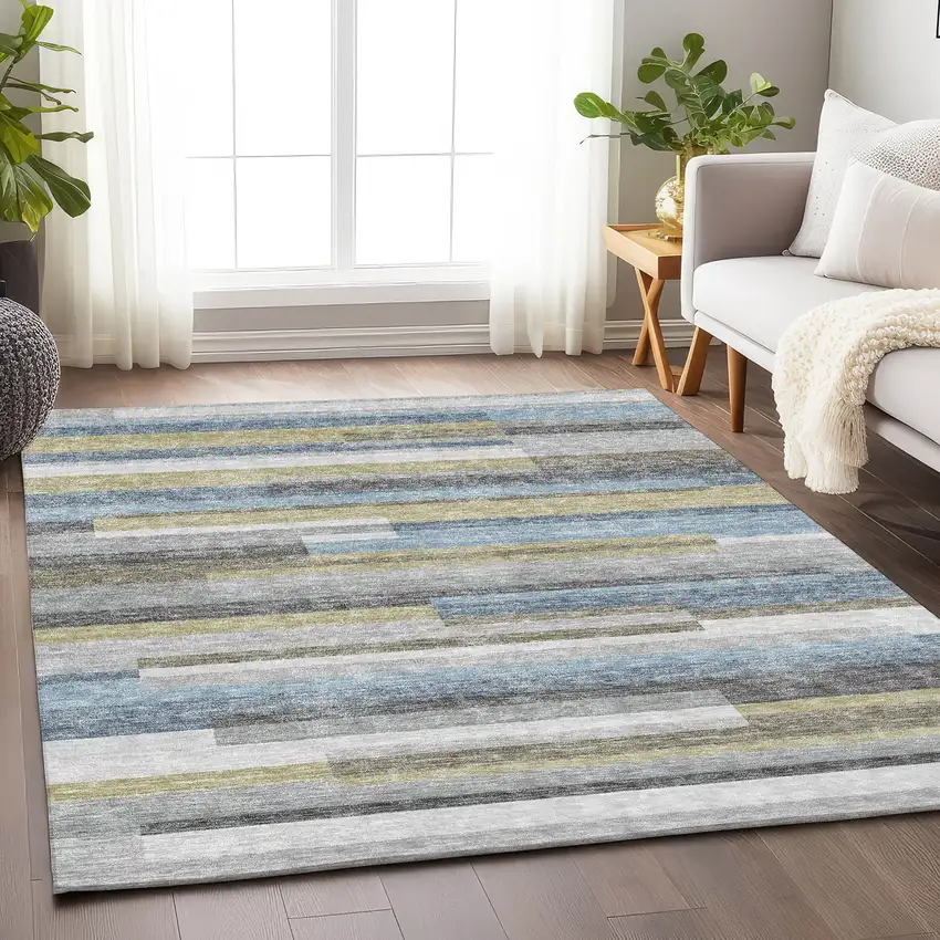Gray Blue And Ivory Striped Washable Area Rug With UV Protection Photo 5