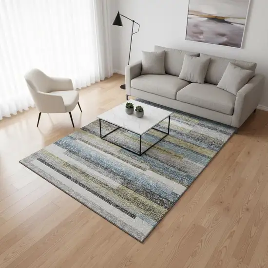 Gray Blue And Ivory Striped Washable Area Rug With UV Protection Photo 2
