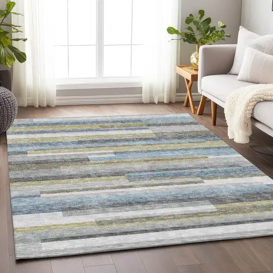 Gray Blue And Ivory Striped Washable Area Rug With UV Protection Photo 5