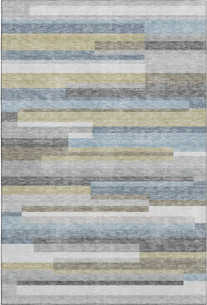 Gray Blue And Ivory Striped Washable Area Rug With UV Protection Photo 1