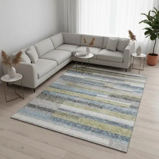 Gray Blue And Ivory Striped Washable Area Rug With UV Protection Photo 2
