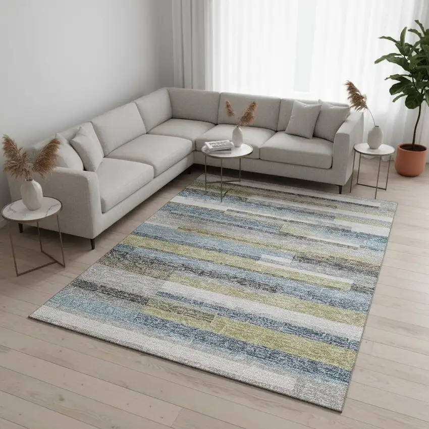 Gray Blue And Ivory Striped Washable Area Rug With UV Protection Photo 2