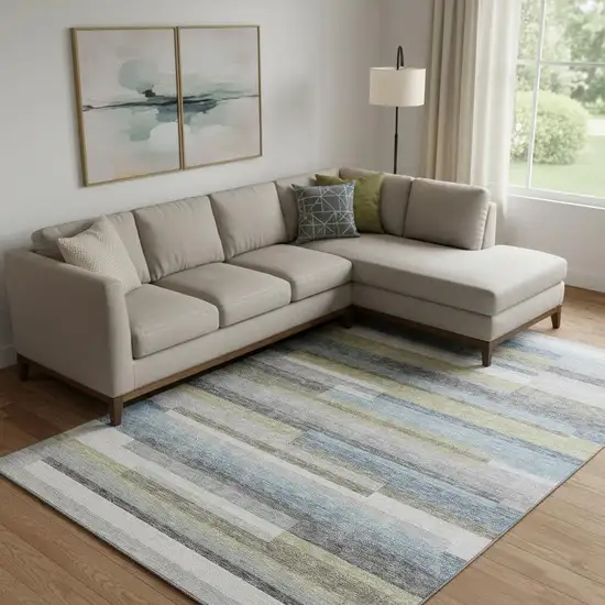 Gray Blue And Ivory Striped Washable Area Rug With UV Protection Photo 1