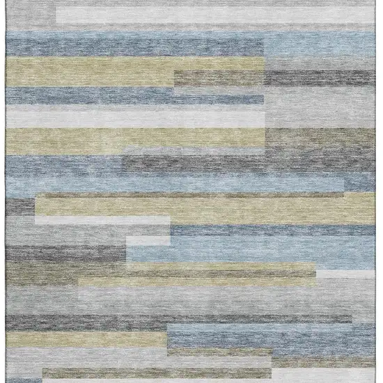 Gray Blue And Ivory Striped Washable Area Rug With UV Protection Photo 5