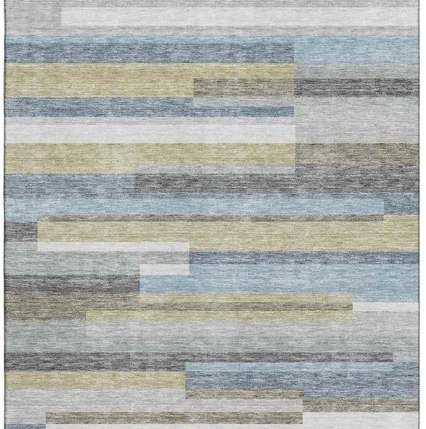 Gray Blue And Ivory Striped Washable Area Rug With UV Protection Photo 5