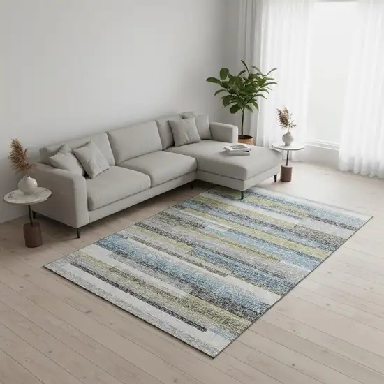 Gray Blue And Ivory Striped Washable Area Rug With UV Protection Photo 2