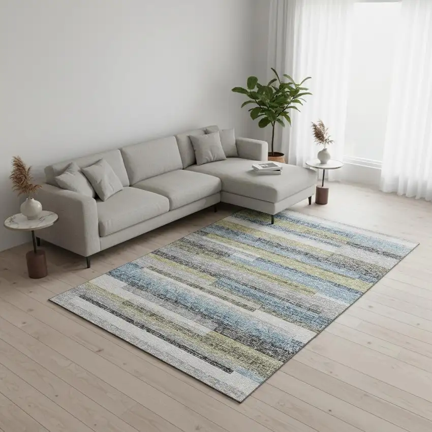 Gray Blue And Ivory Striped Washable Area Rug With UV Protection Photo 2