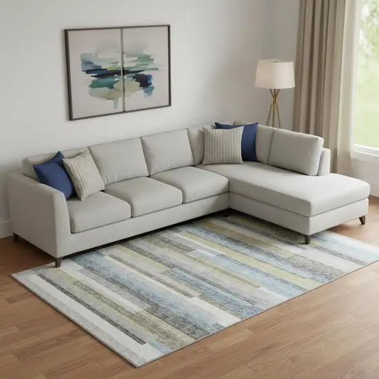 Gray Blue And Ivory Striped Washable Area Rug With UV Protection Photo 1