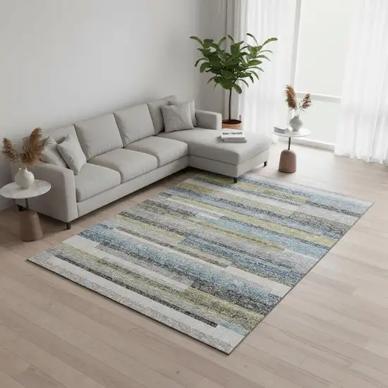 Gray Blue And Ivory Striped Washable Area Rug With UV Protection Photo 2