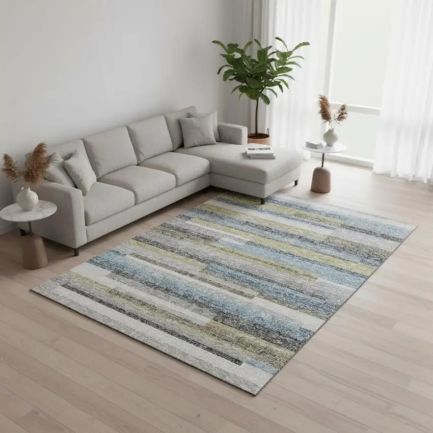 Gray Blue And Ivory Striped Washable Area Rug With UV Protection Photo 2