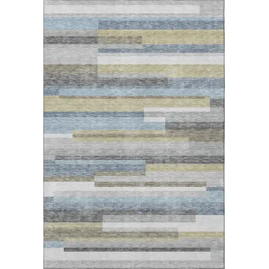 Gray Blue And Ivory Striped Washable Area Rug With UV Protection Photo 4