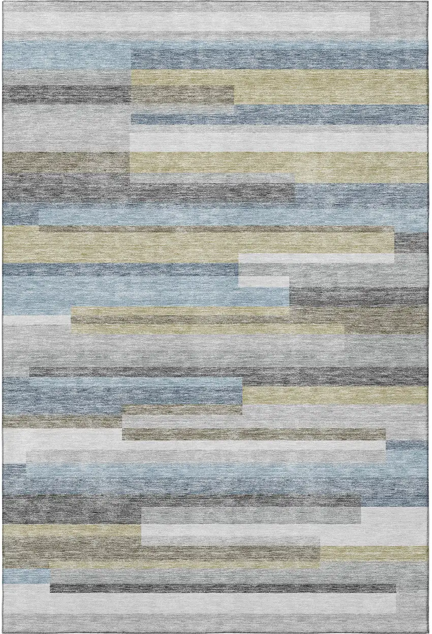 Gray Blue And Ivory Striped Washable Area Rug With UV Protection Photo 4