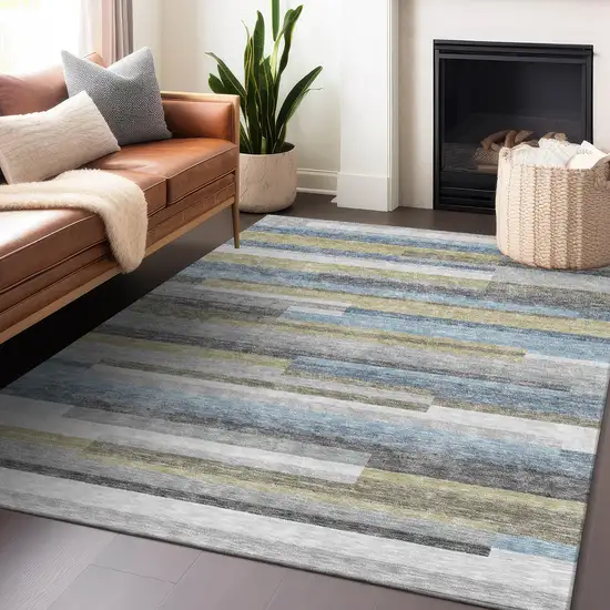Gray Blue And Ivory Striped Washable Area Rug With UV Protection Photo 6