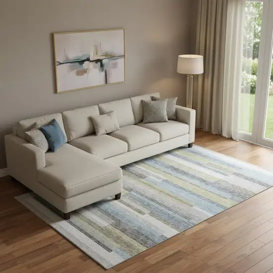 Gray Blue And Ivory Striped Washable Area Rug With UV Protection Photo 1