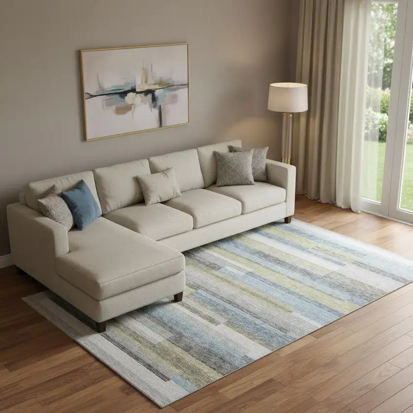 Gray Blue And Ivory Striped Washable Area Rug With UV Protection Photo 1