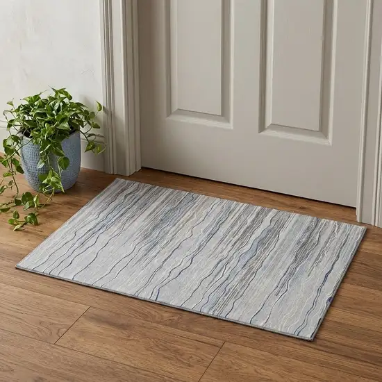Gray Blue And Ivory Striped Washable Area Rug With UV Protection Photo 1