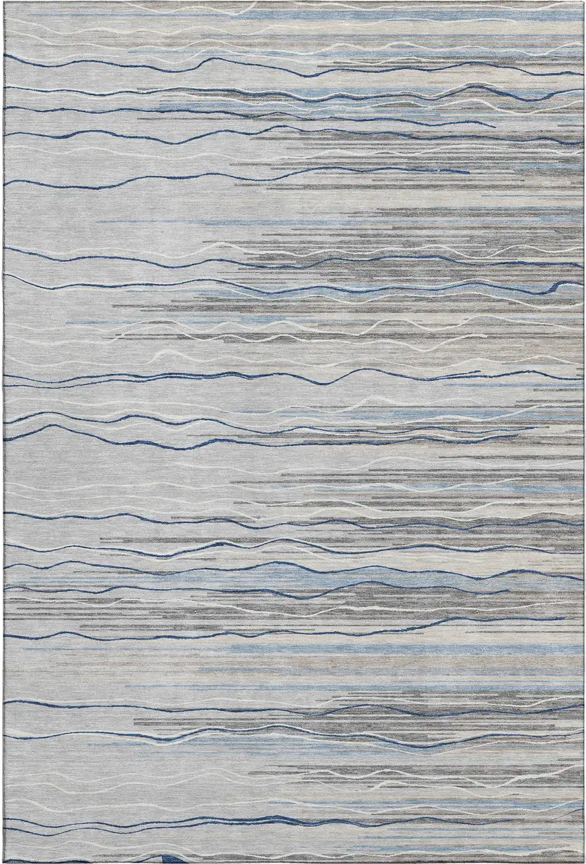 Gray Blue And Ivory Striped Washable Area Rug With UV Protection Photo 1