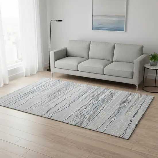 Gray Blue And Ivory Striped Washable Area Rug With UV Protection Photo 2