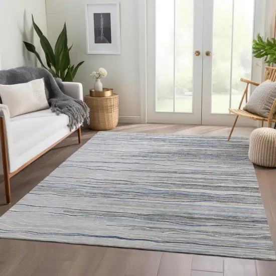 Gray Blue And Ivory Striped Washable Area Rug With UV Protection Photo 5
