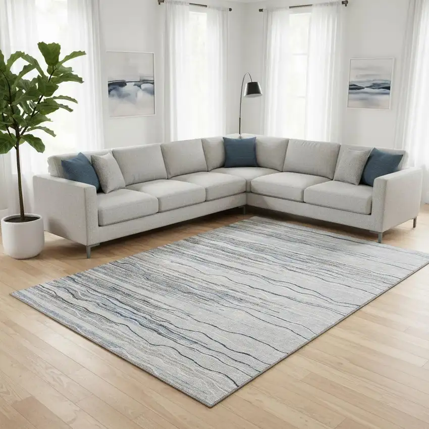 Gray Blue And Ivory Striped Washable Area Rug With UV Protection Photo 2